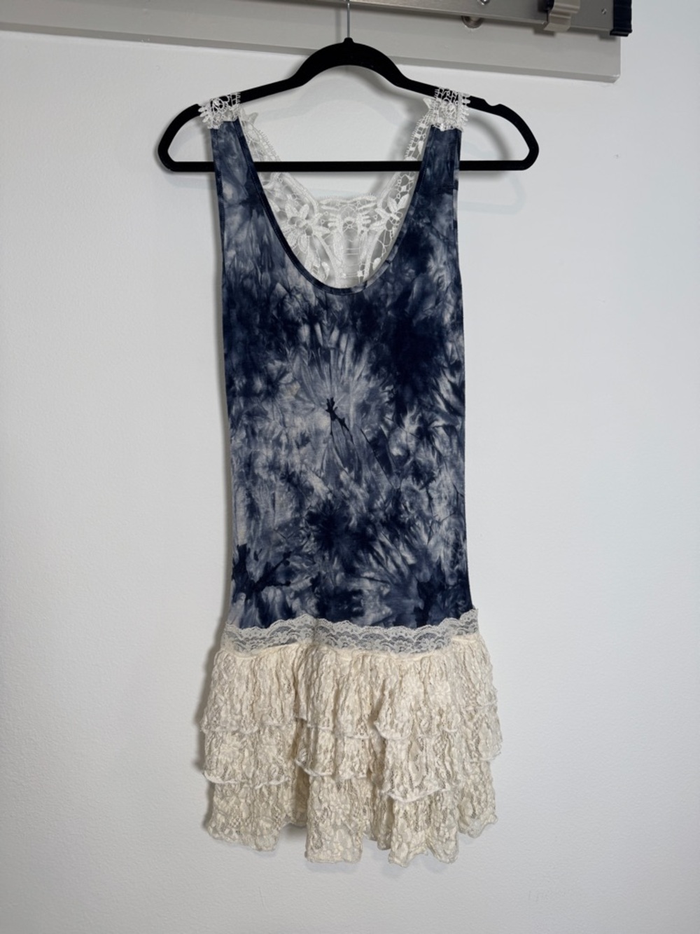 Navy blue Tie-Dye Lace Trim Tank Dress Cream Lace Ruffle Skirt Size Med Large